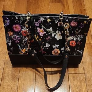 Bueno Black Floral Tote Shoulder Bag Gold Hardware